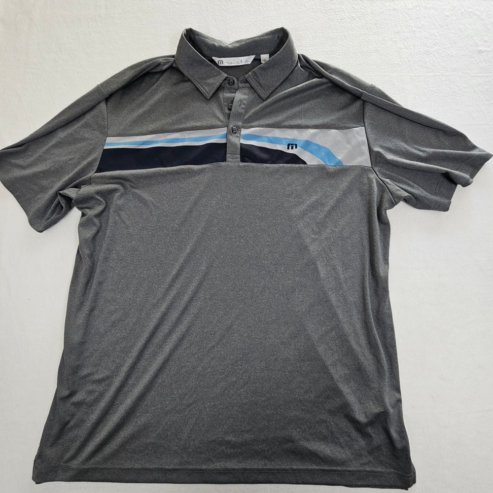 TravisMathew Mens XXL Polo Shirt Grey Blue Stripe Performance Golf Short Sleeve